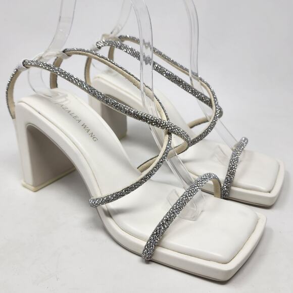 Azalea Wang Heeled Sandals Women 7 White Statement Sparkle Strappy Square Toe - Picture 1 of 10